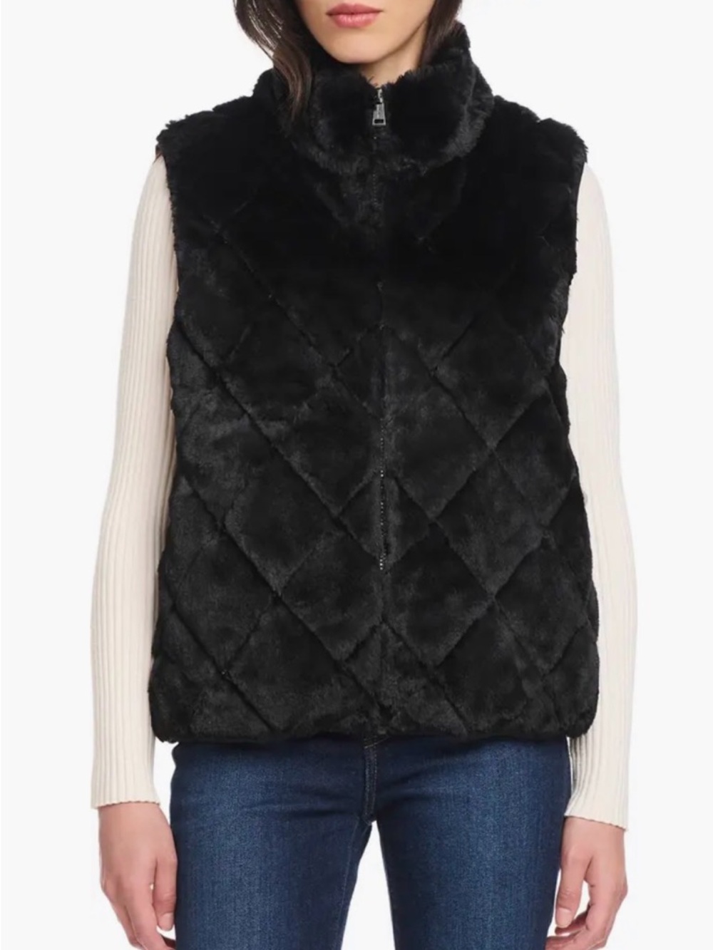 Black Quilted Faux Fur Vest